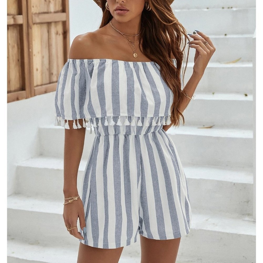 🤞 SALE NEW! Striped Fringe Trim Bardot Romper